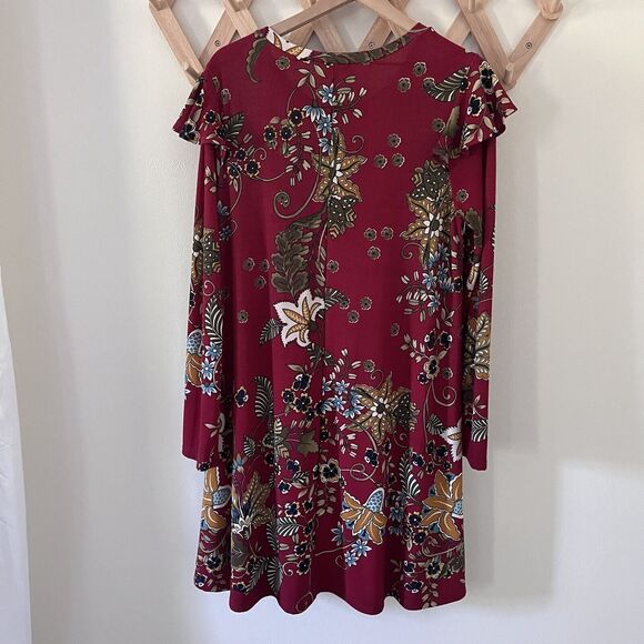 Watermelon 1X Burgundy Floral Print Fall Long Sleeve Dress - Picture 6 of 7
